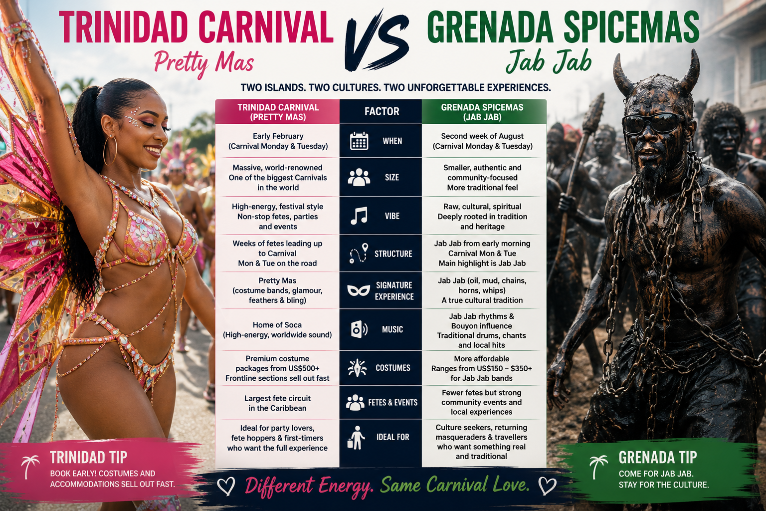 Trinidad Carnival vs Grenada Spicemas: Pretty Mas versus Jab Jab comparison