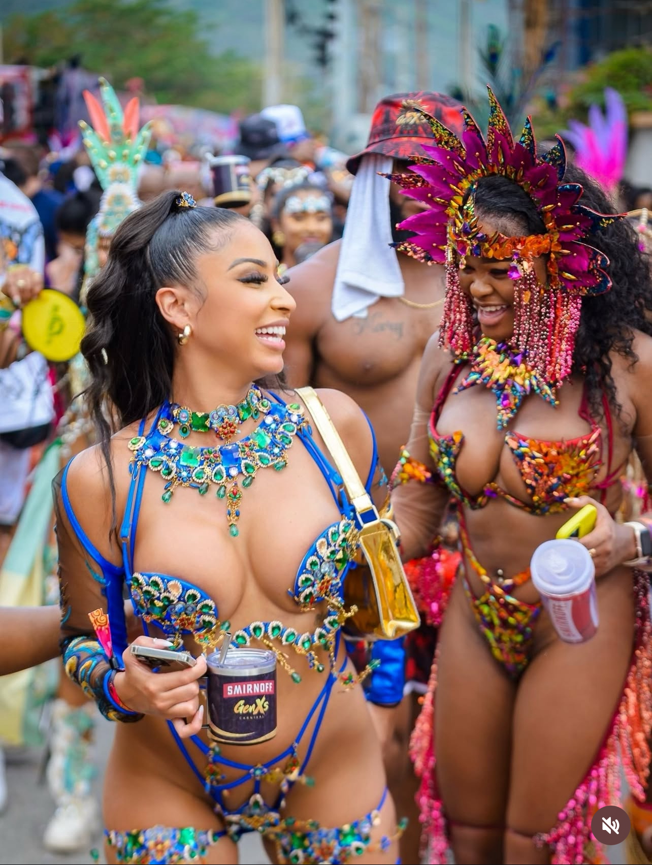 Masquerader in a Trinidad Carnival costume with road-ready glam